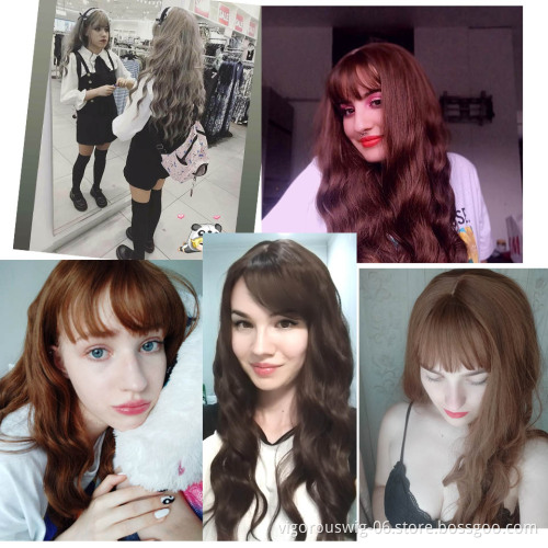 Vigorous Mixed Brown Womens Wig with Bangs Water Wave Heat Resistant Synthetic Wig for African American Women